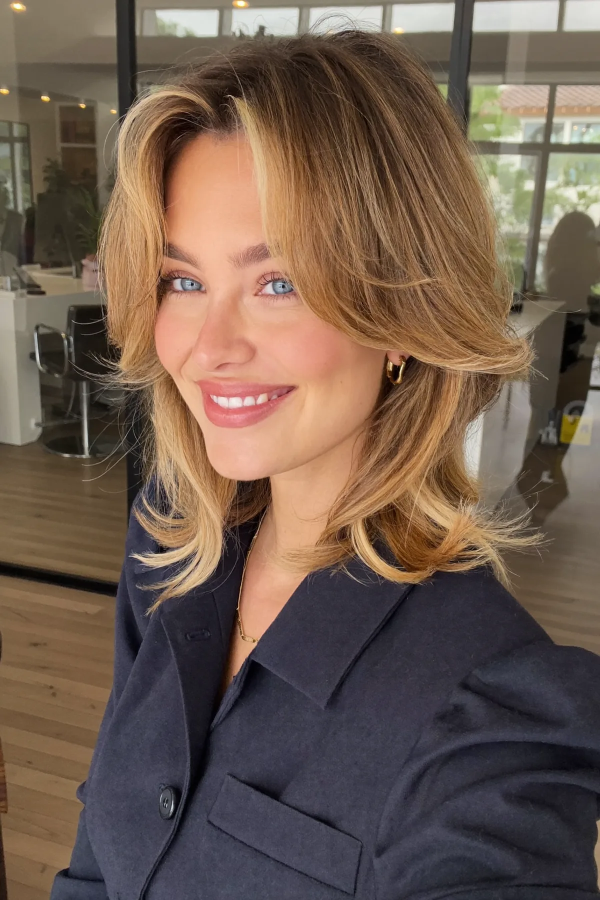 Caramel Bronde Balayage Collarbone-Length Lob with Curtain Bangs