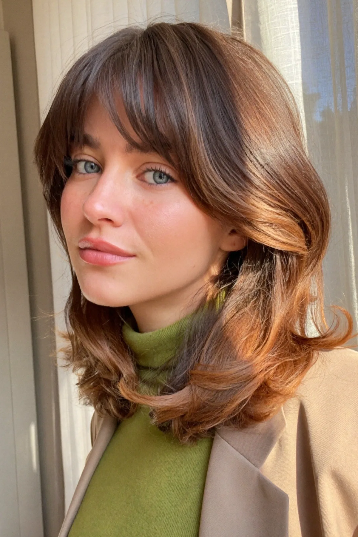 Glossy Auburn Copper Collarbone-Length Lob with Curtain Bangs