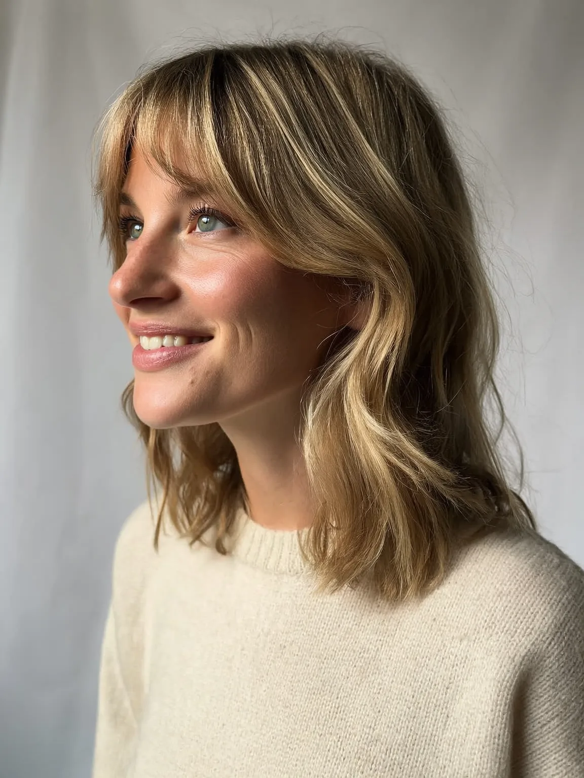 Blow-Dried Sandy Blonde Wavy Lob with Curtain Bangs