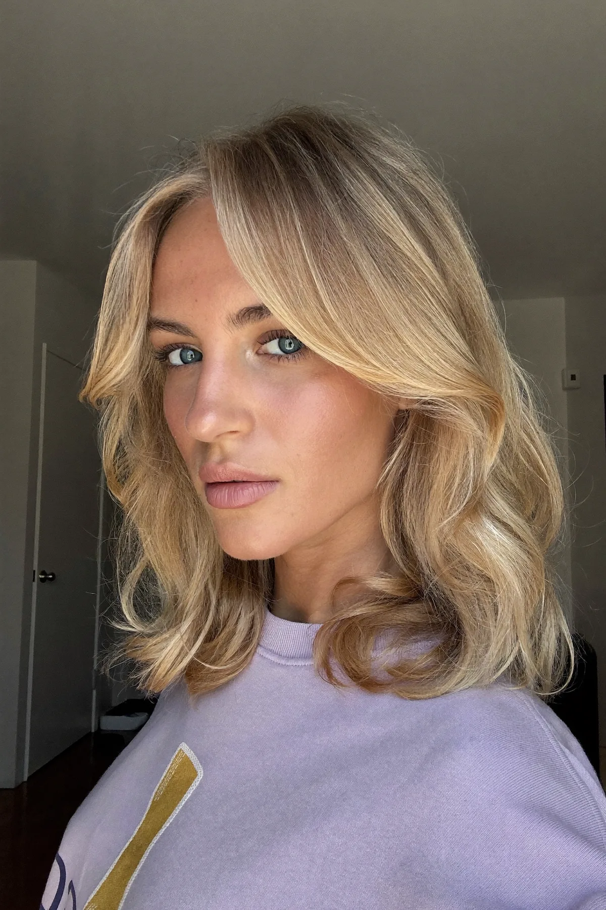 Caramel Bronde Balayage Long Bob with Wavy Curtain Bangs