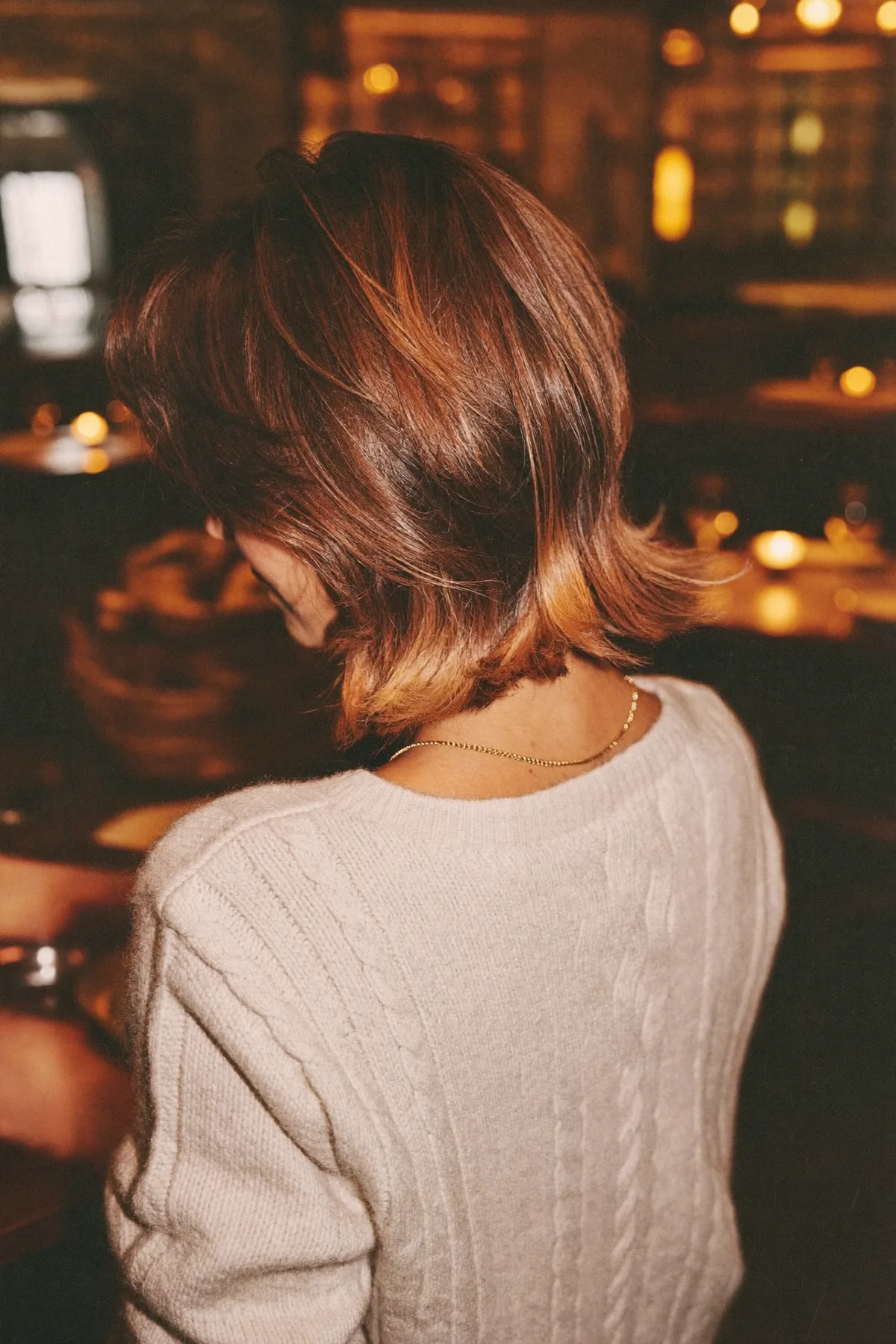 Caramel Bronde Balayage Shoulder-Length Lob with Soft Waves