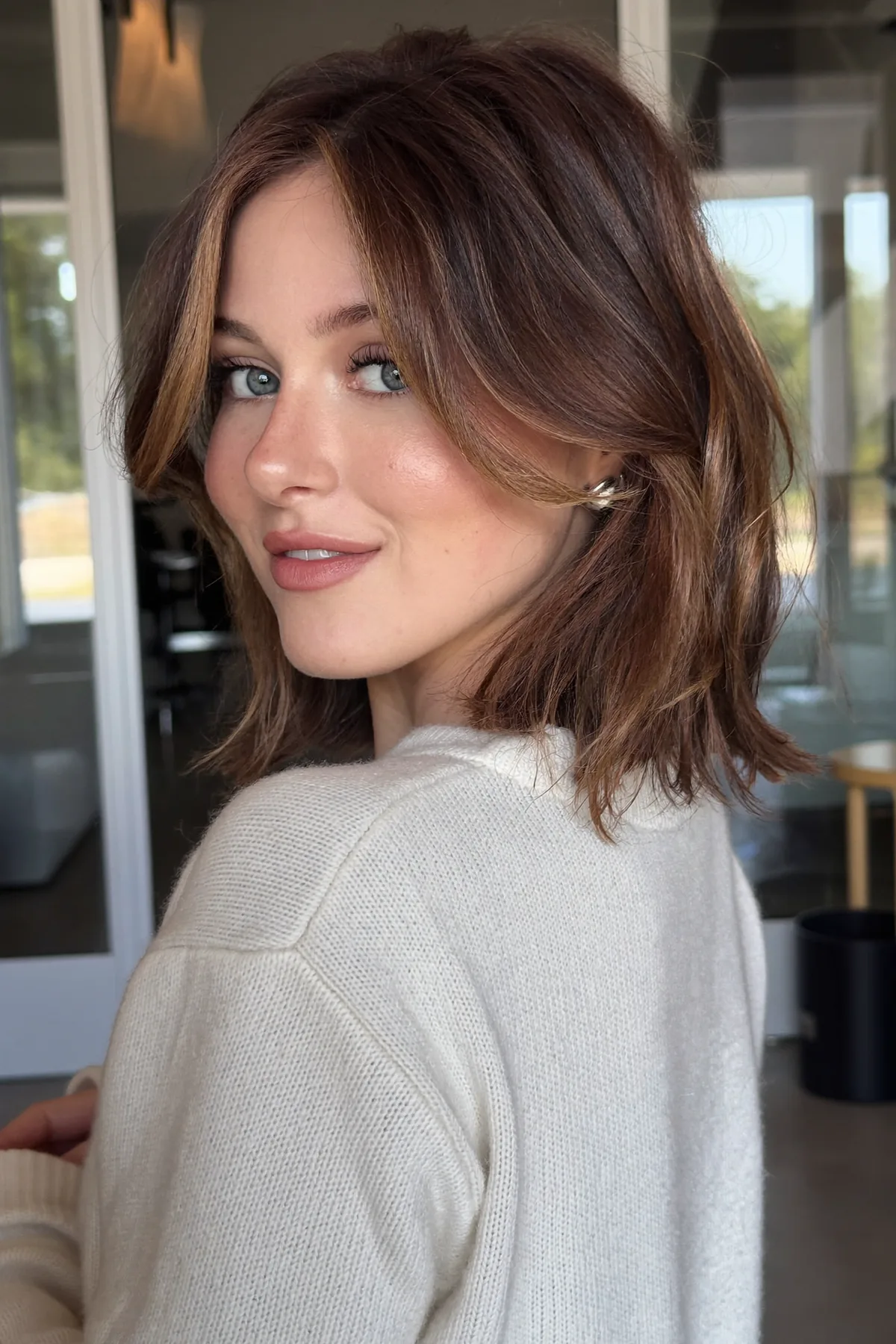 Natural Brunette Wavy Long Bob With Curtain Bangs