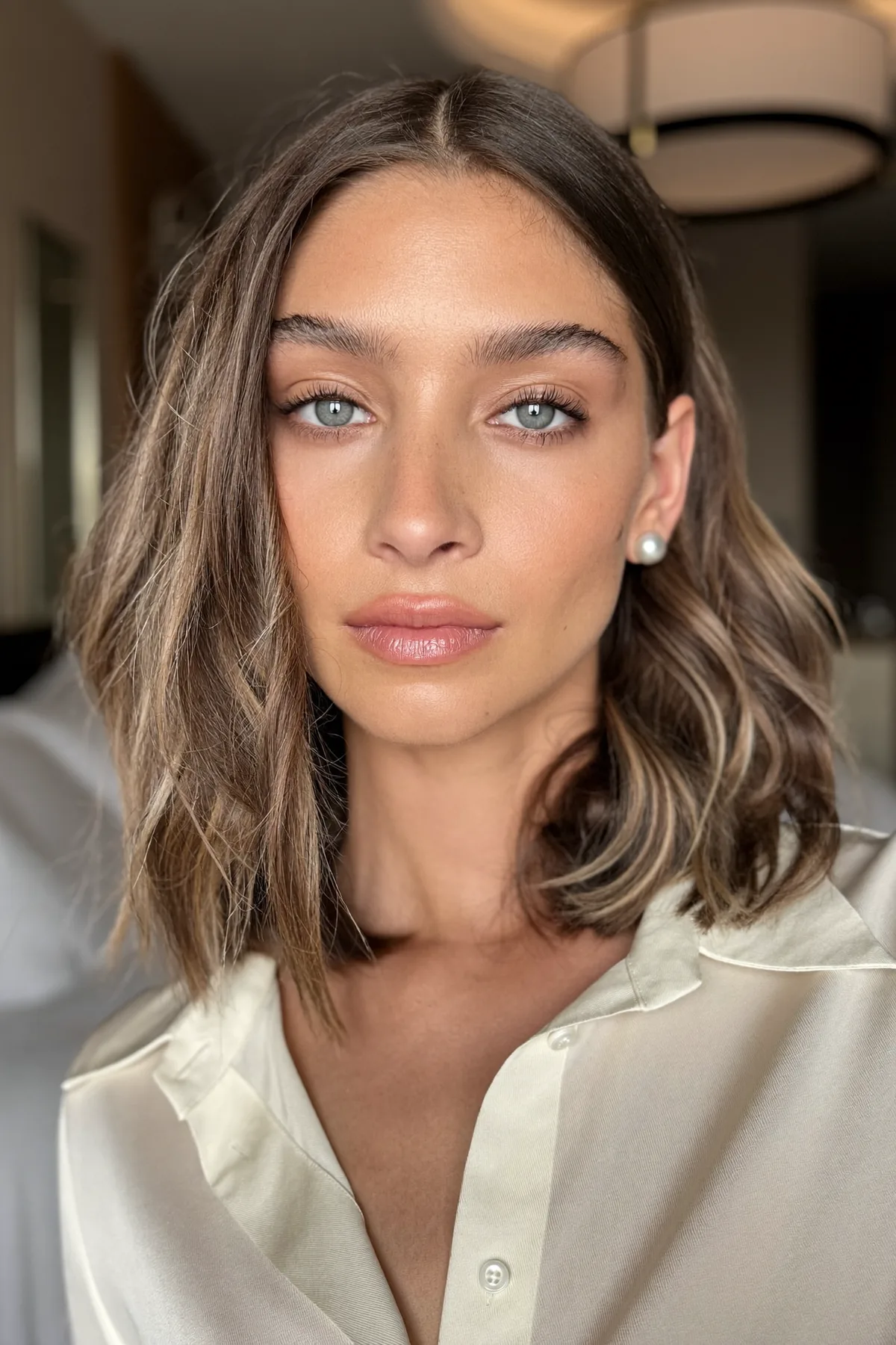 Collarbone-Length Wavy Long Bob with Dark Blonde Balayage