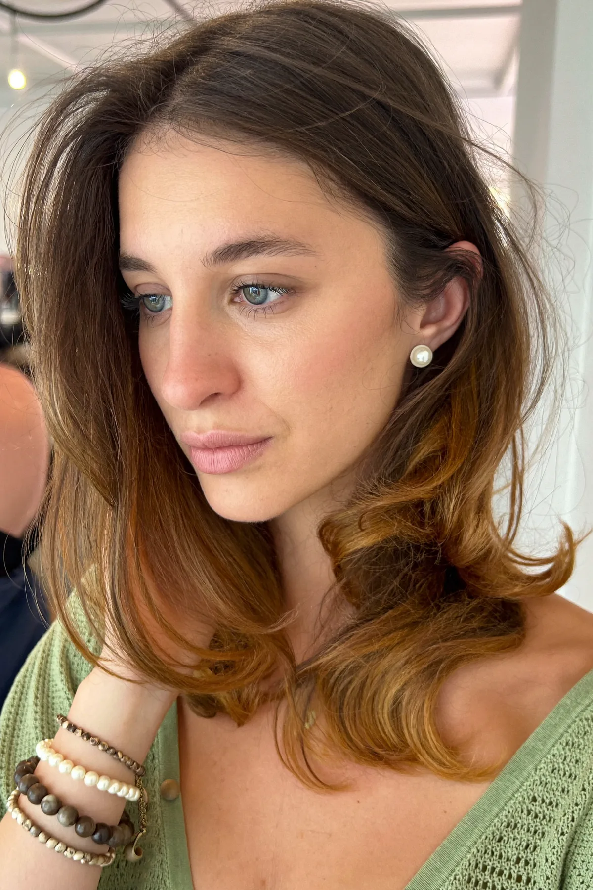 Caramel Bronde Balayage Long Bob with Effortless Wavy Texture