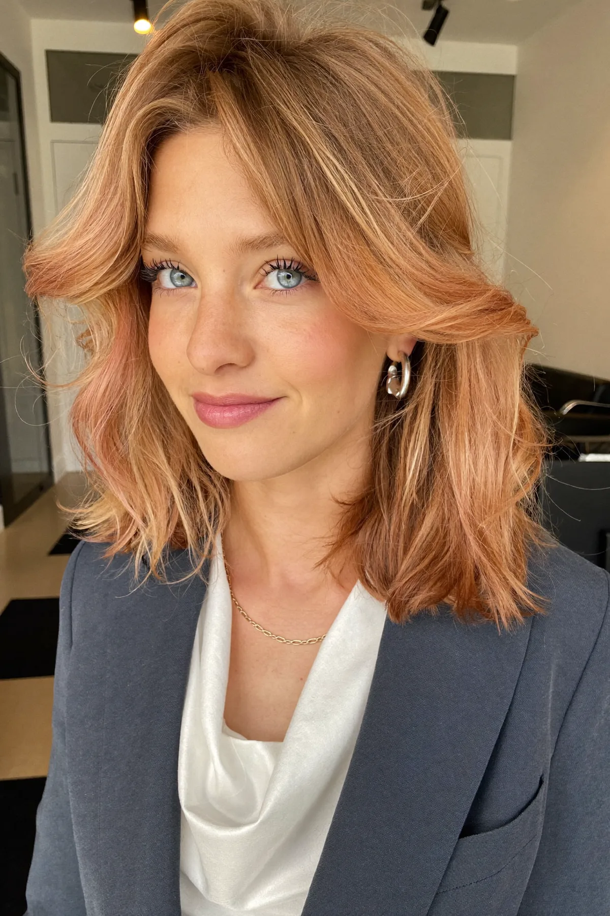 Wavy Caramel Bronde Balayage Lob with Curtain Bangs Perfection