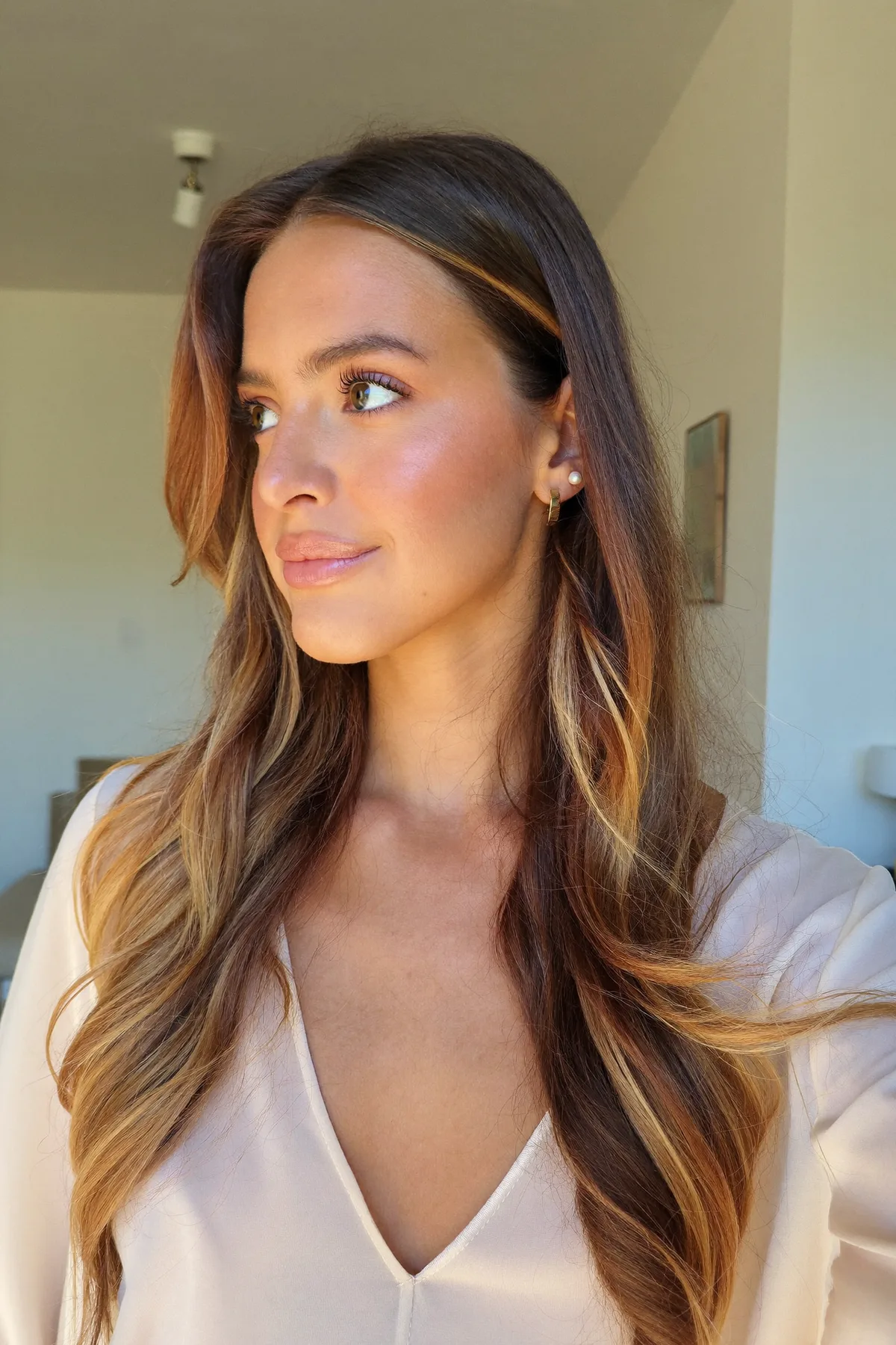 Caramel Bronde Balayage on Long Layered Mid-Back Waves