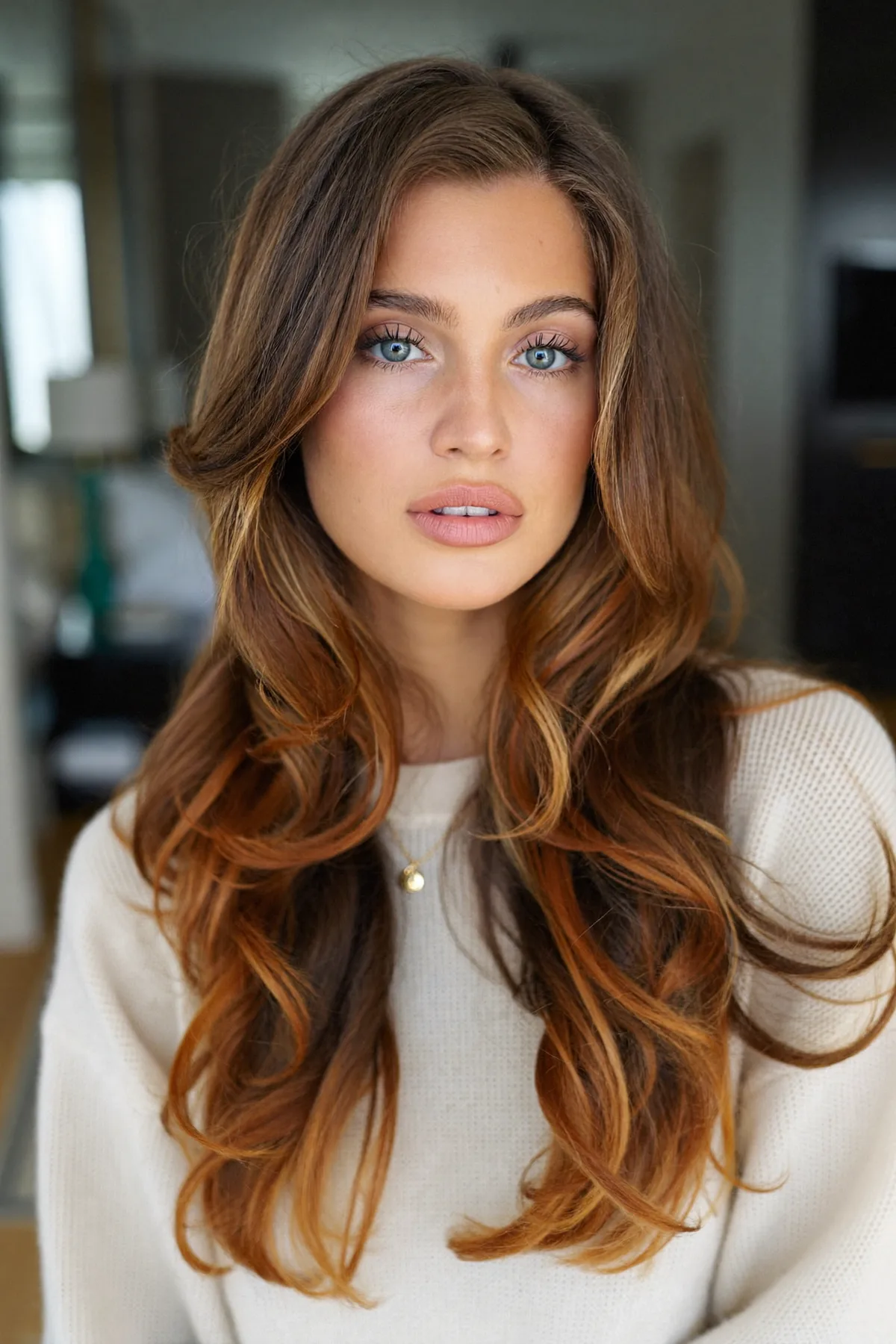Auburn Copper Long Layered Cut with Blended Balayage and Curtain Bangs