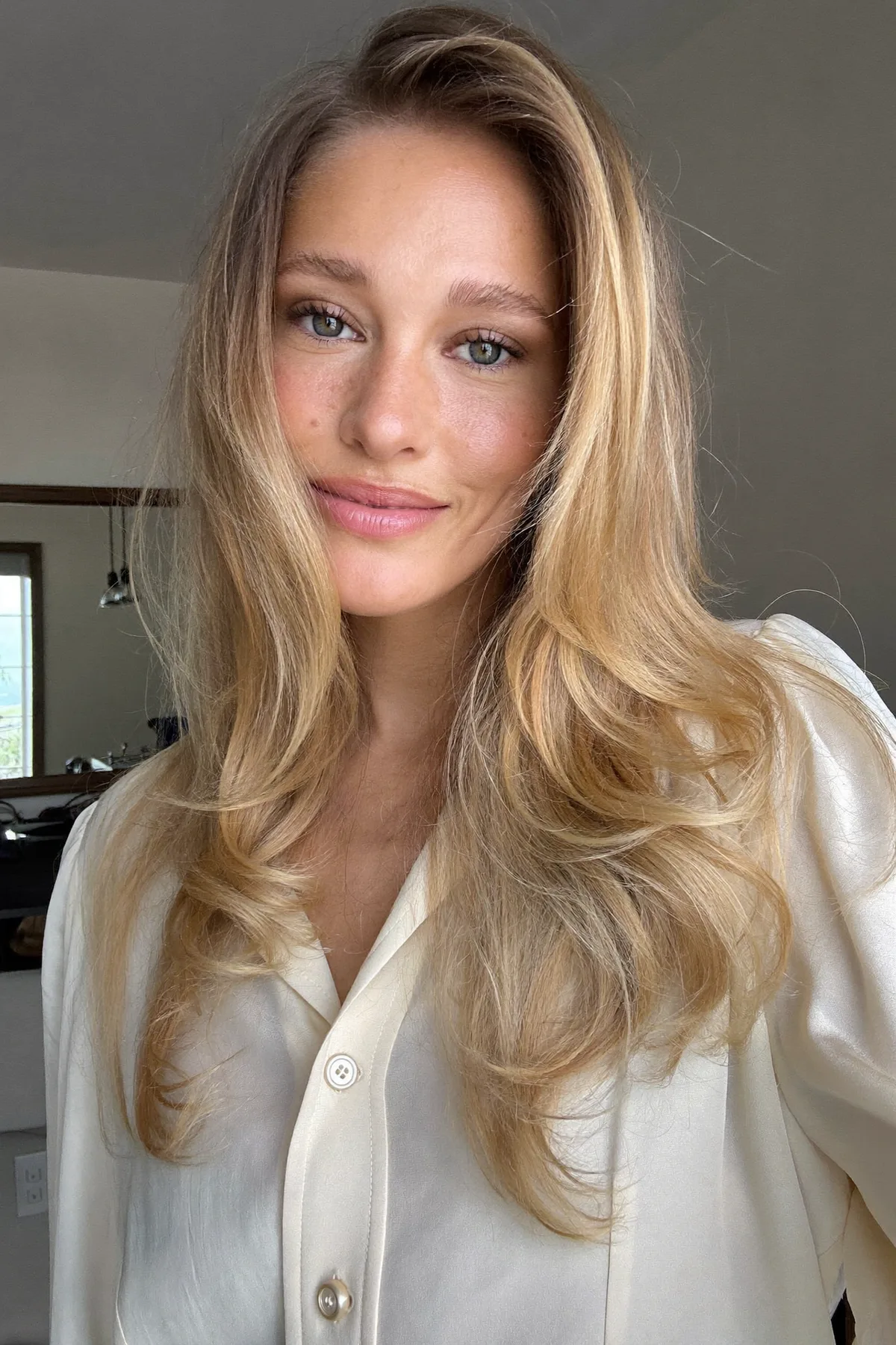 Honey Golden Blonde Long Layered Cut with Curtain Bangs