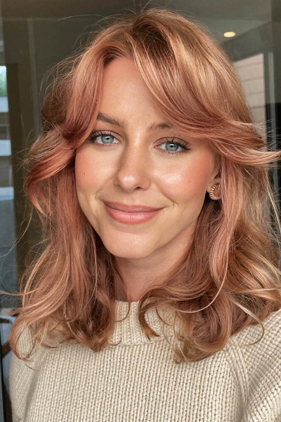 Soft Rose Gold Wavy Shag with Textured Curtain Bangs