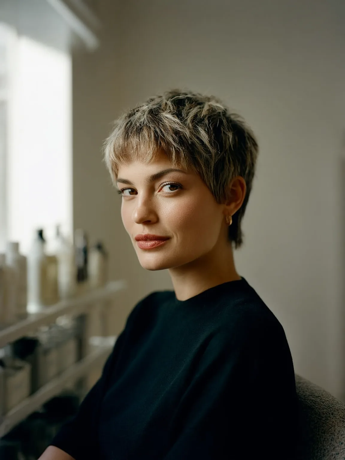Ash Blonde Wavy Pixie with Micro-Bangs