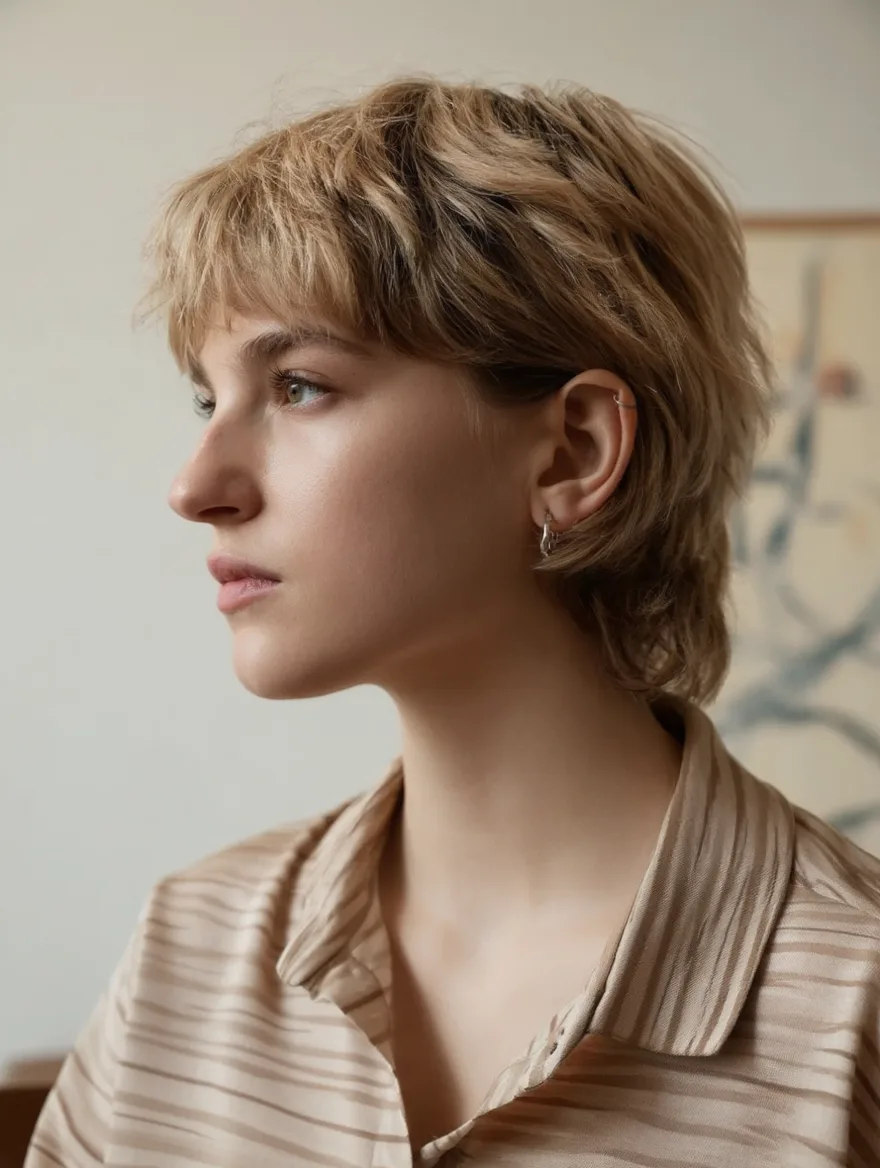 Sandy Blonde Wavy Shag with Wispy Bangs for Oblong Faces