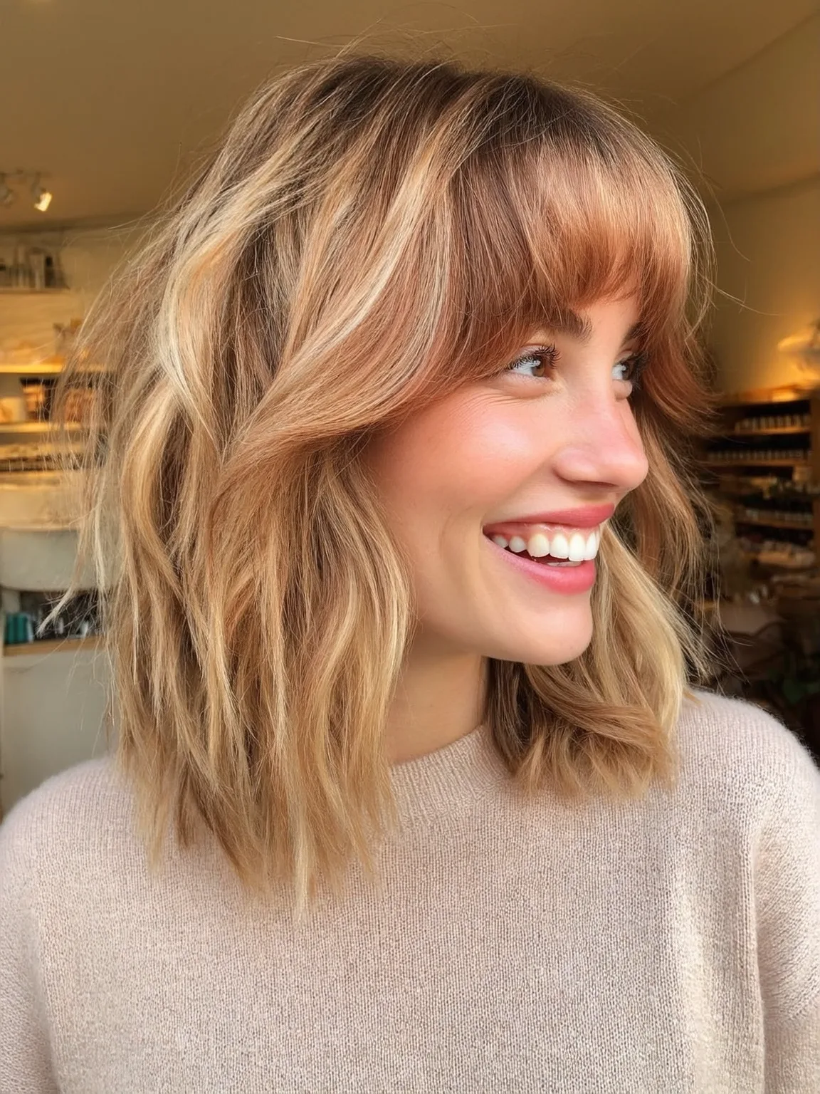 Honey Blonde Balayage Lob with Blunt Curtain Bangs