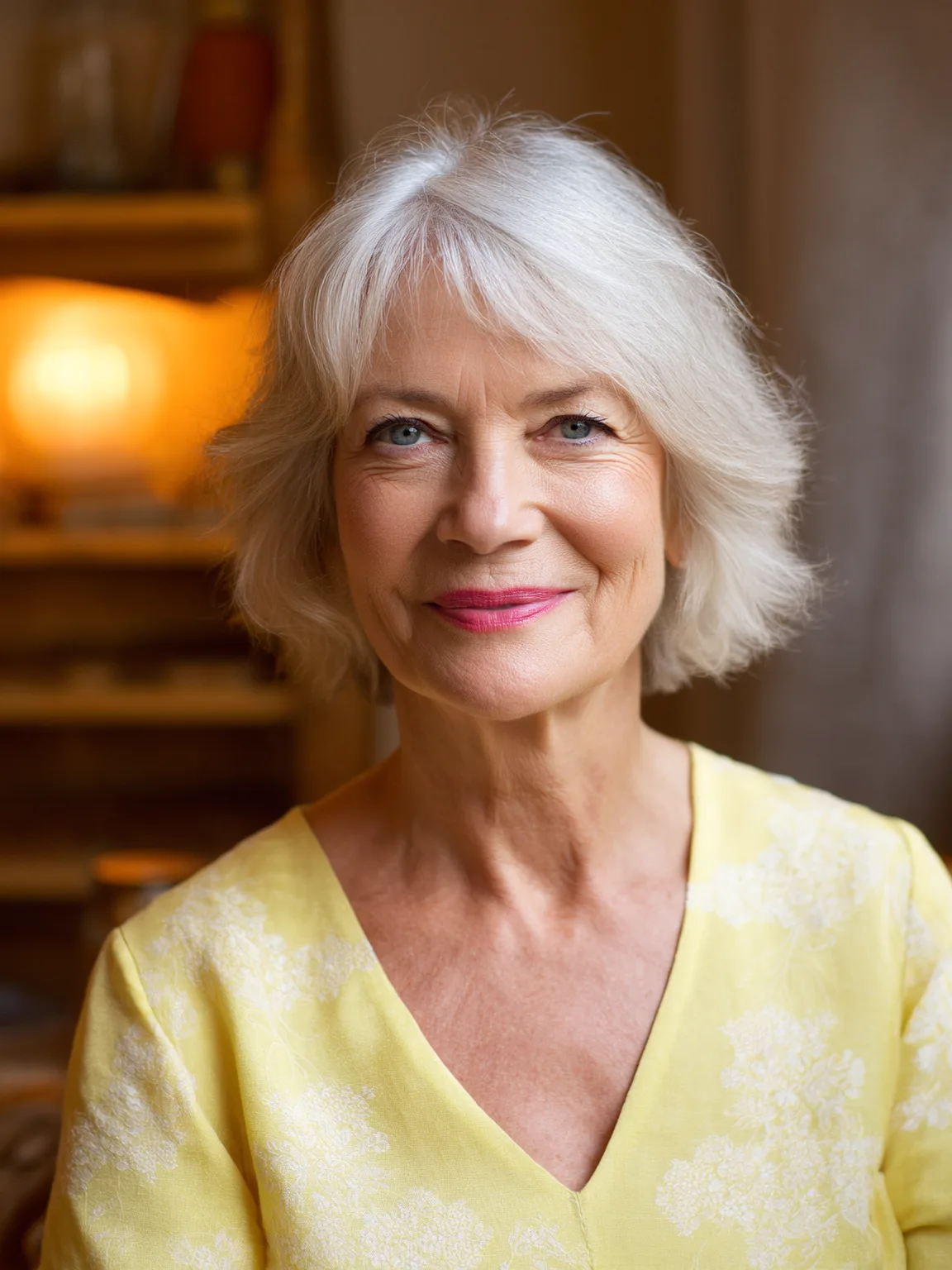 Wavy Silver Frost Bob with Wispy Bangs for Heart-Shaped Faces