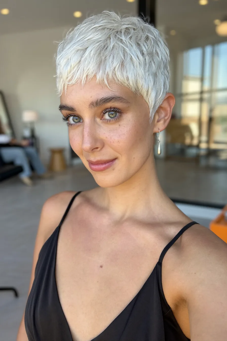 Chic Platinum Pixie Cut with Textured Wispy Bangs
