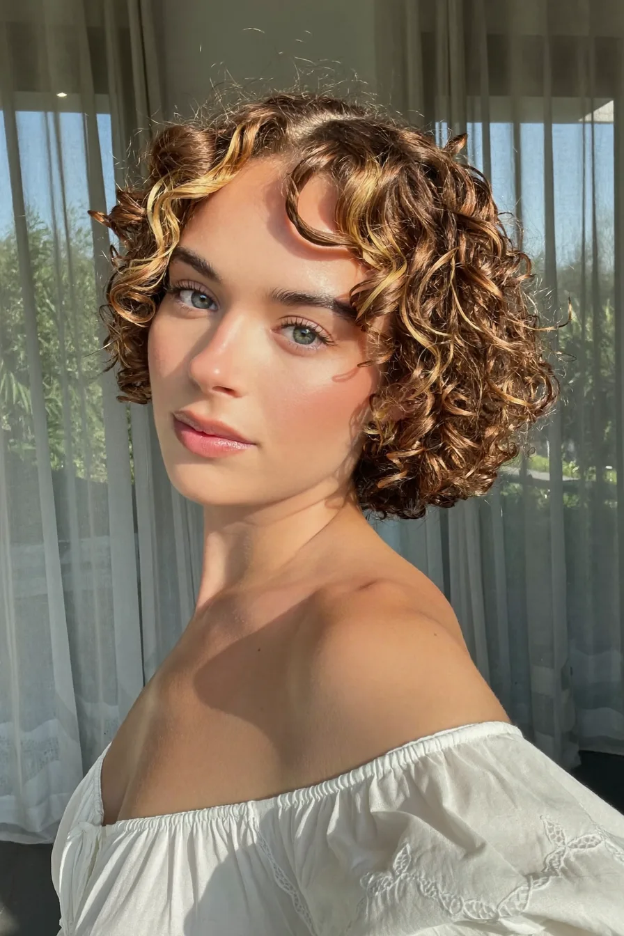 Short Curly Bob with Soft Wispy Bangs for Natural Volume