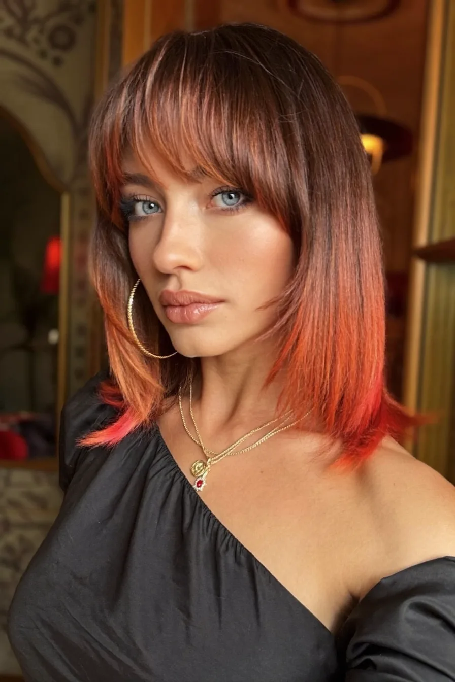 Shoulder-Length Straight Hair with Fiery Red Wispy Bangs