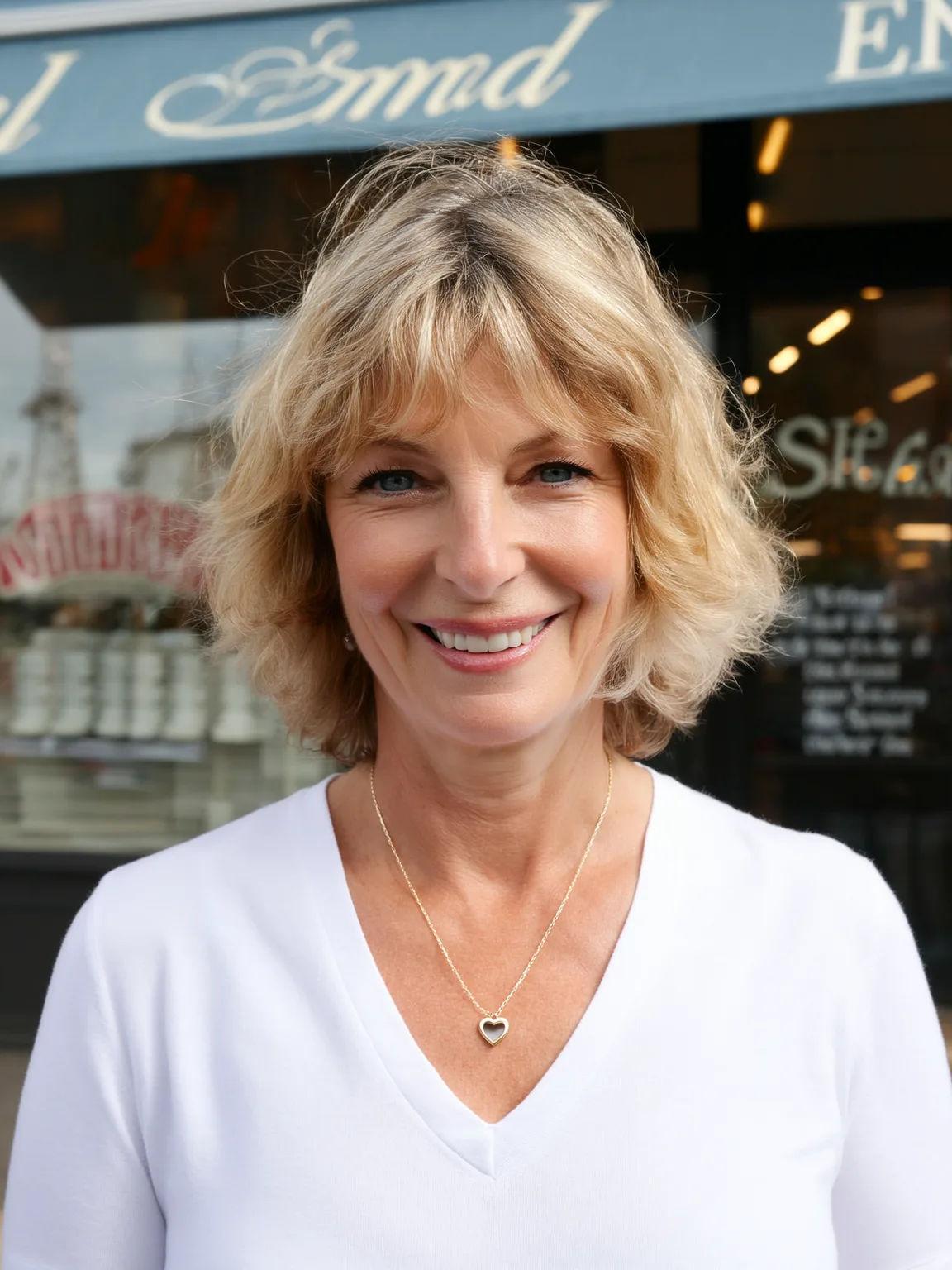 Wavy Sandy Blonde Layers with Wispy Bangs