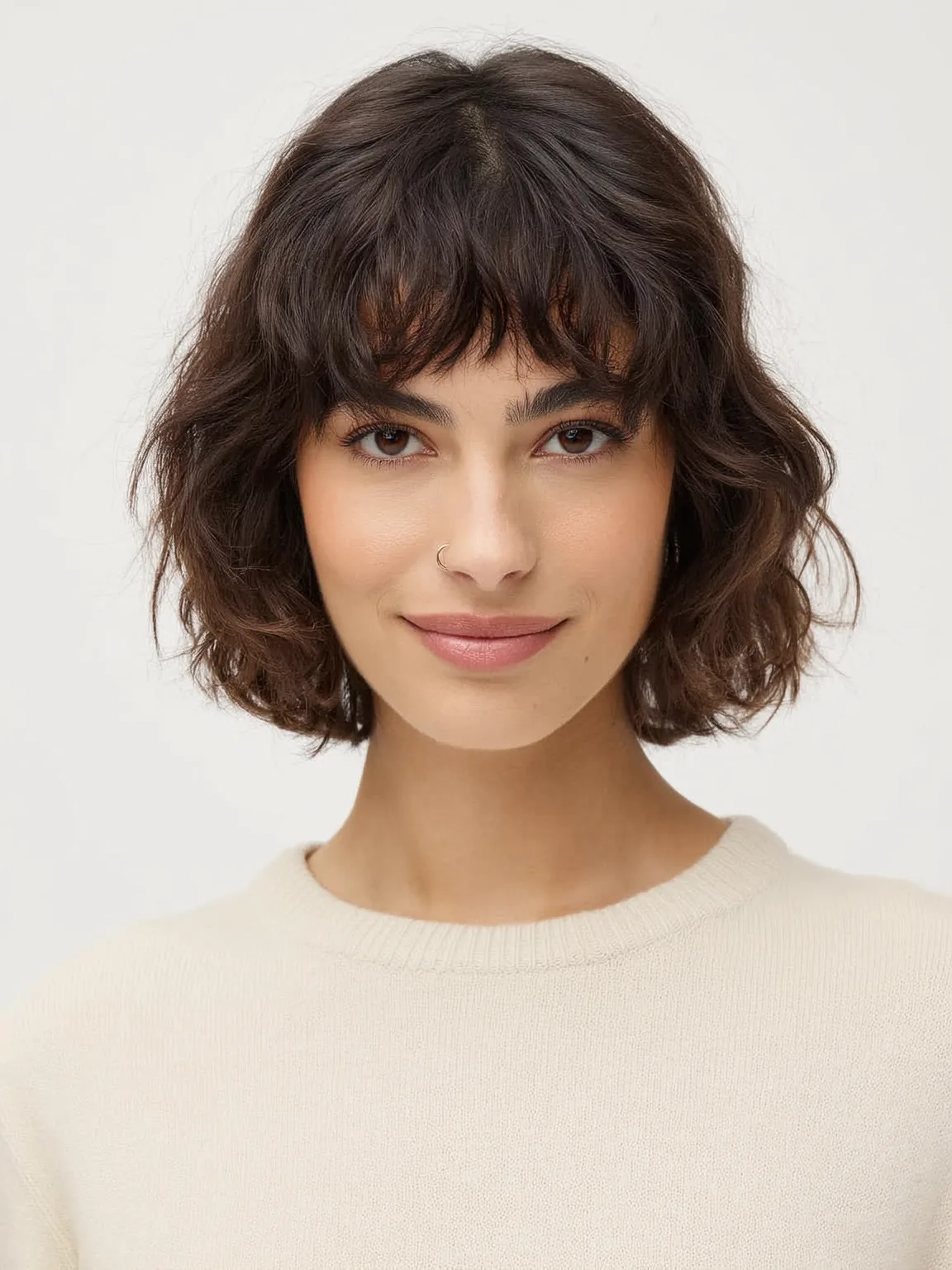 Wavy Dark Chocolate Bob with Wispy Bangs