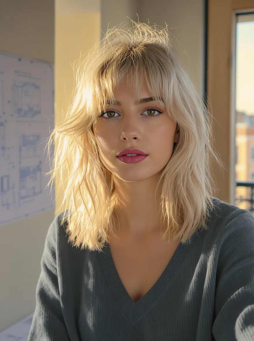 Vanilla Blonde Wavy Lob with Soft Wispy Bangs