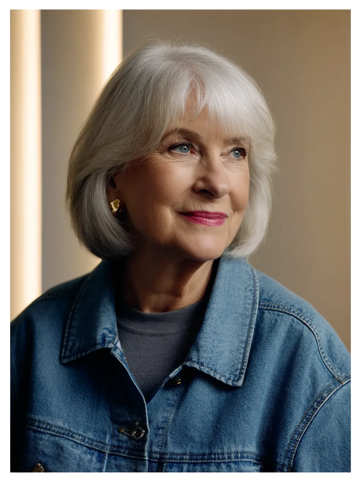 Polished Chin-Length Silver Frost Bob with Wispy Bangs