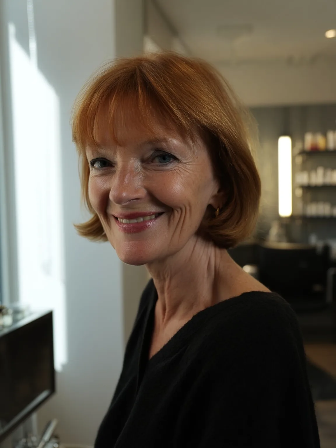 Copper Brown Chin-Length Bob with Soft Wispy Bangs