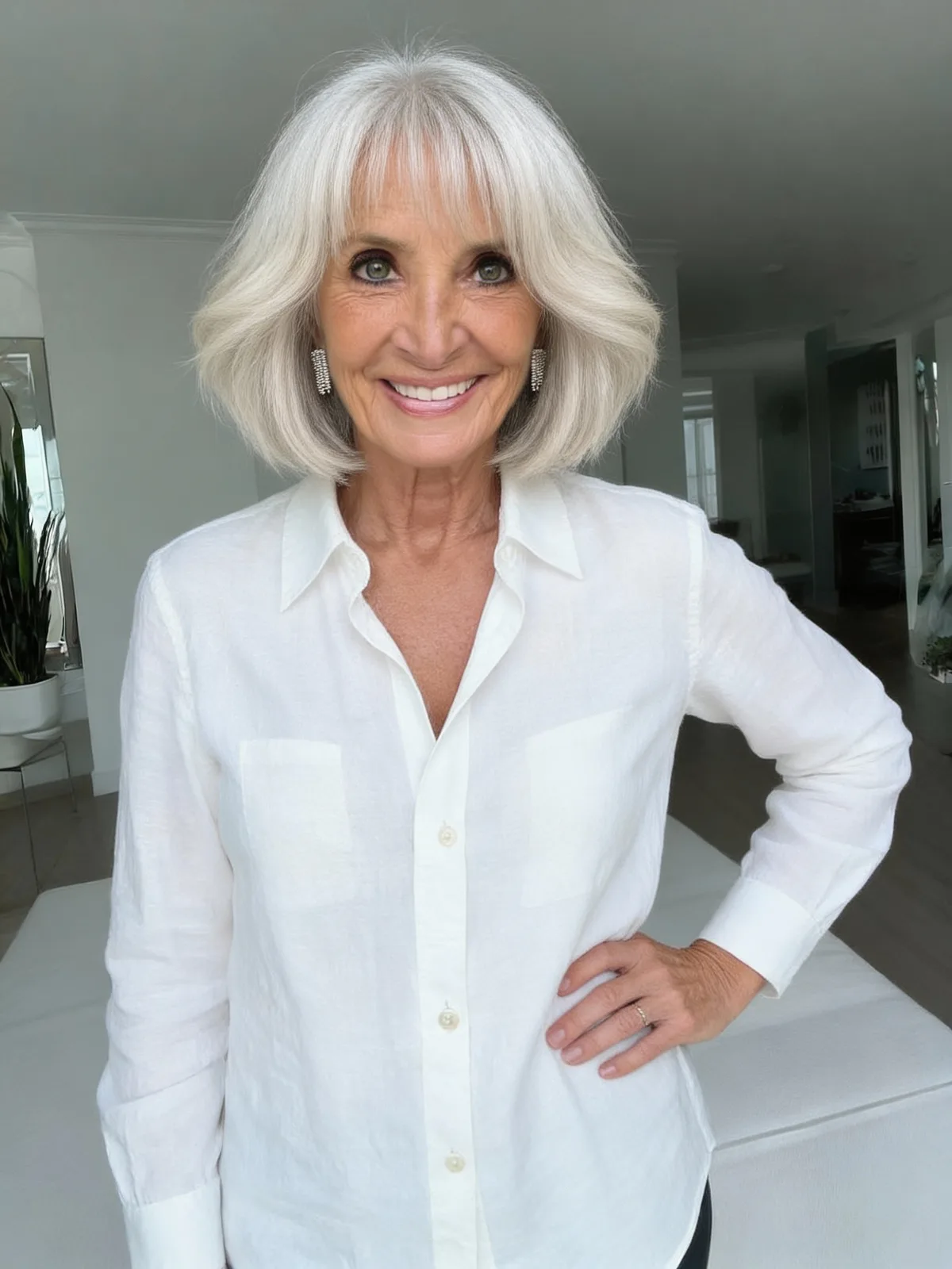 Air-Dried Silver Frost Chin-Length Bob with Wispy Bangs