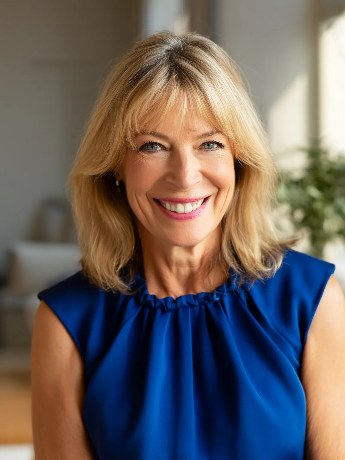 Blow-Dried Shoulder-Length Sandy Blonde Layers