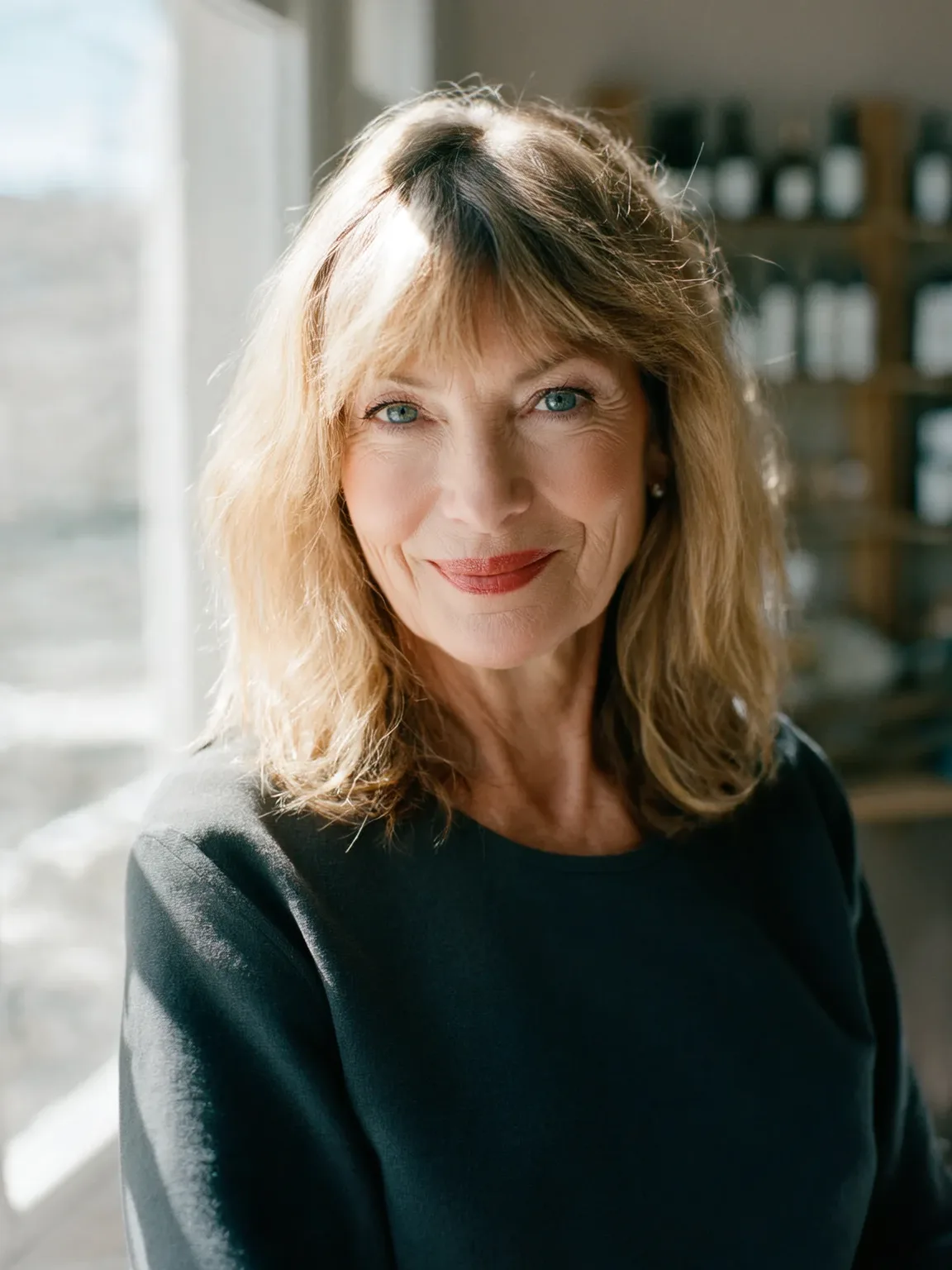 Wavy Sandy Blonde Lob with Wispy Bangs