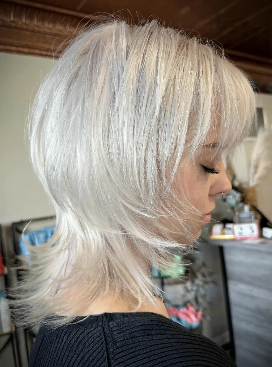 Medium Silver Frost Wavy Shag with Wispy Bangs