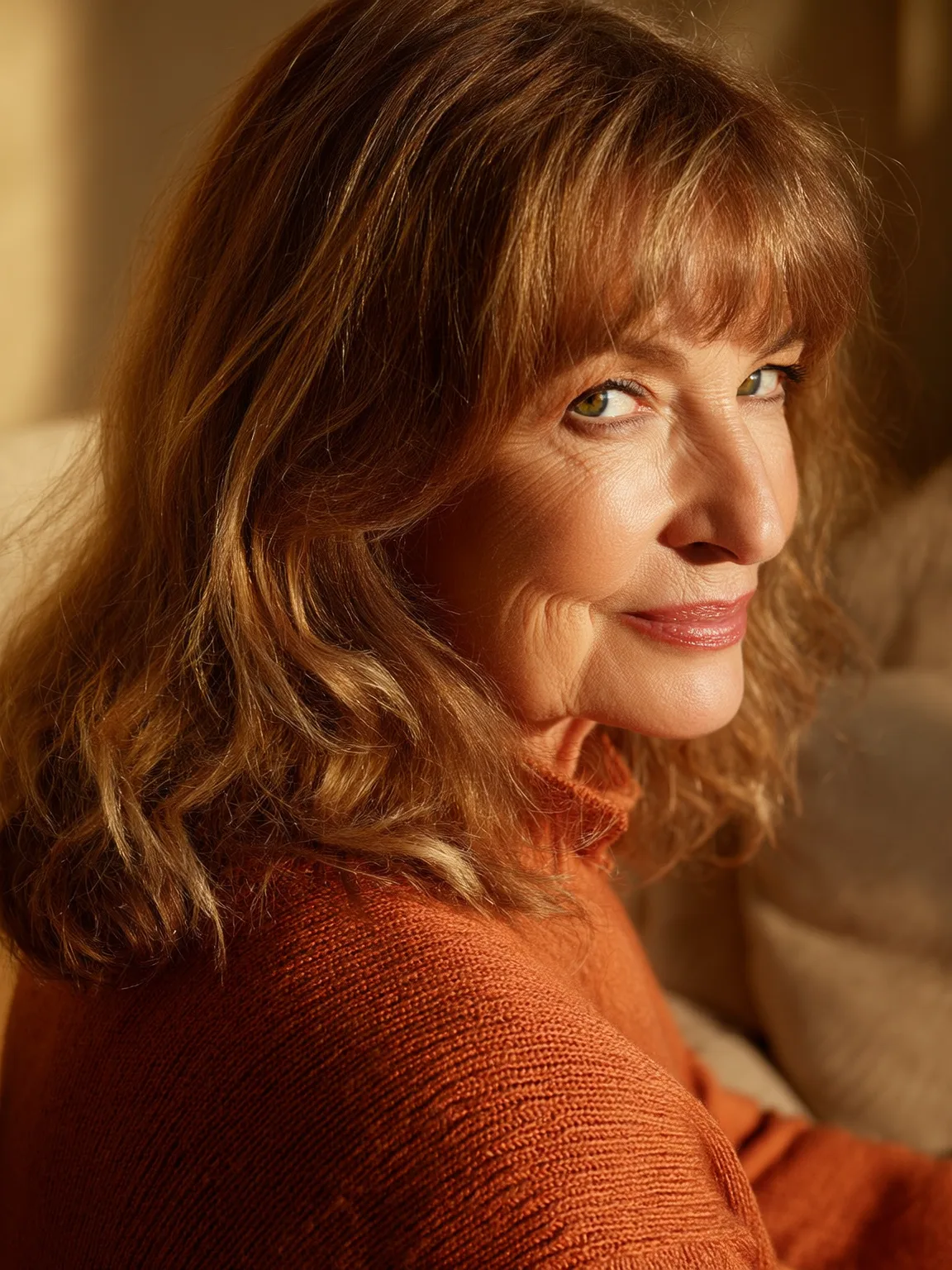 Wavy Warm Caramel Brown Shoulder-Length Lob