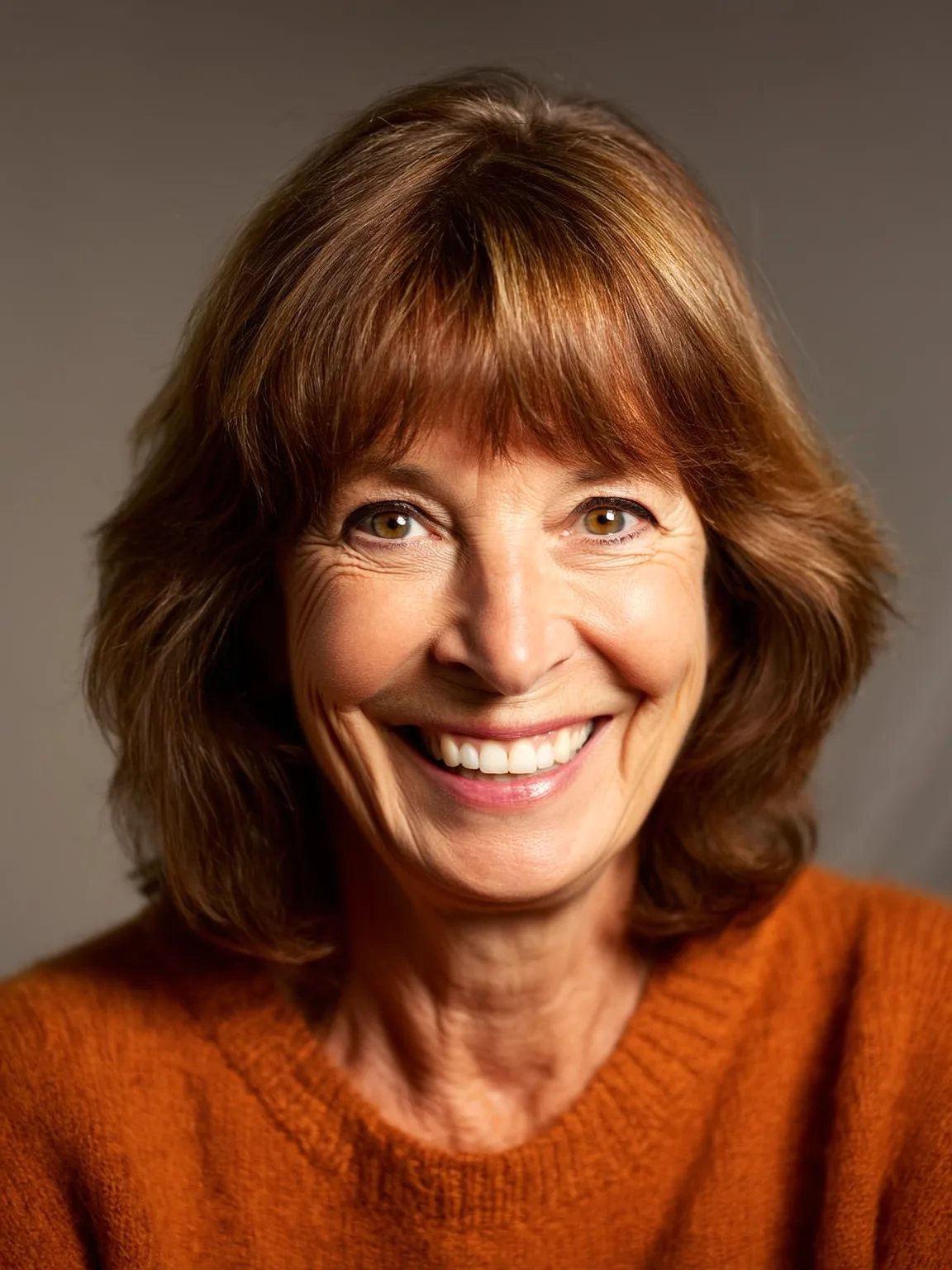 Versatile Warm Caramel Brown Wavy Shoulder-Length Layers