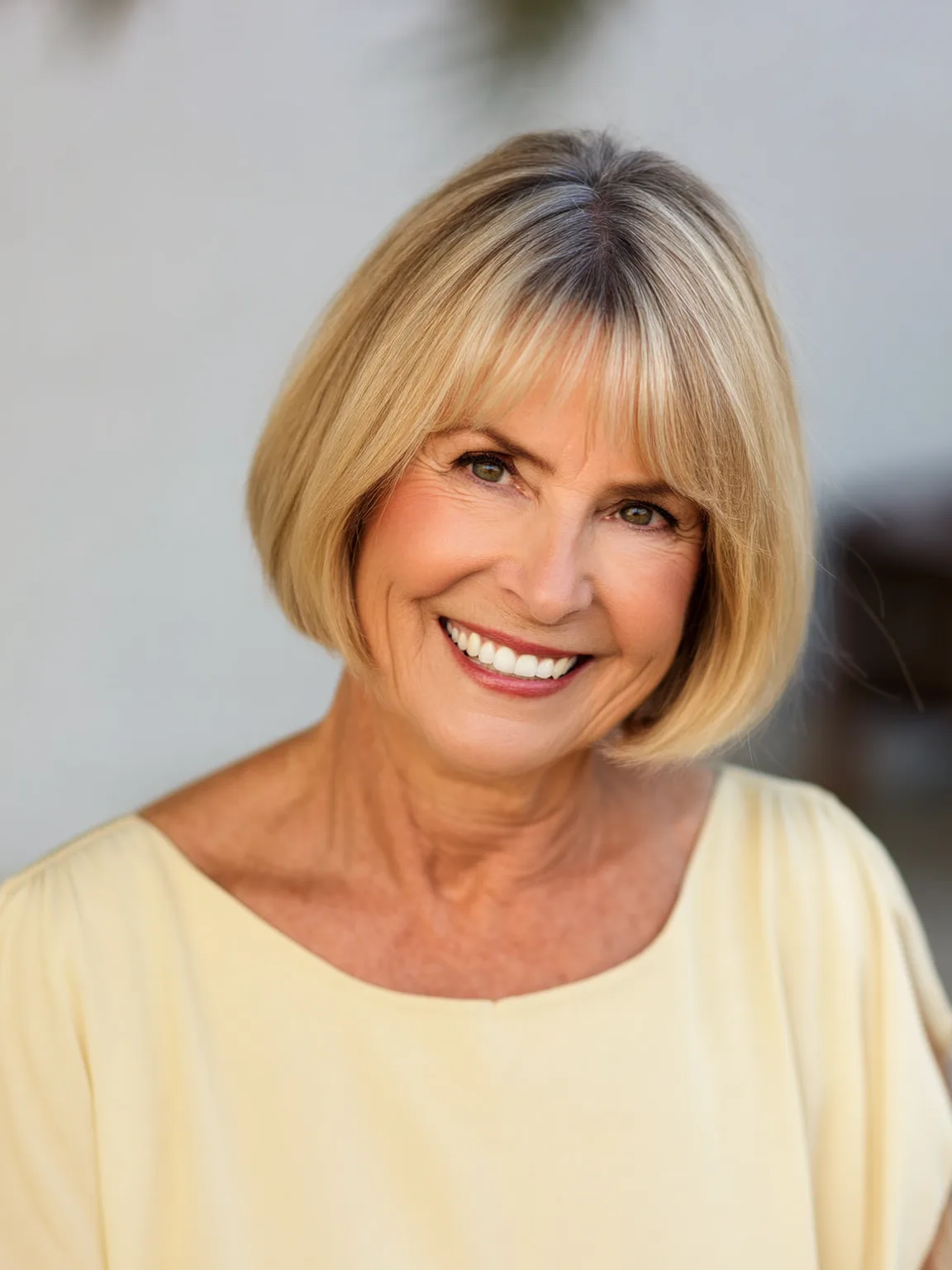 Shoulder-Length Bob with Wispy Bangs in Sandy Blonde