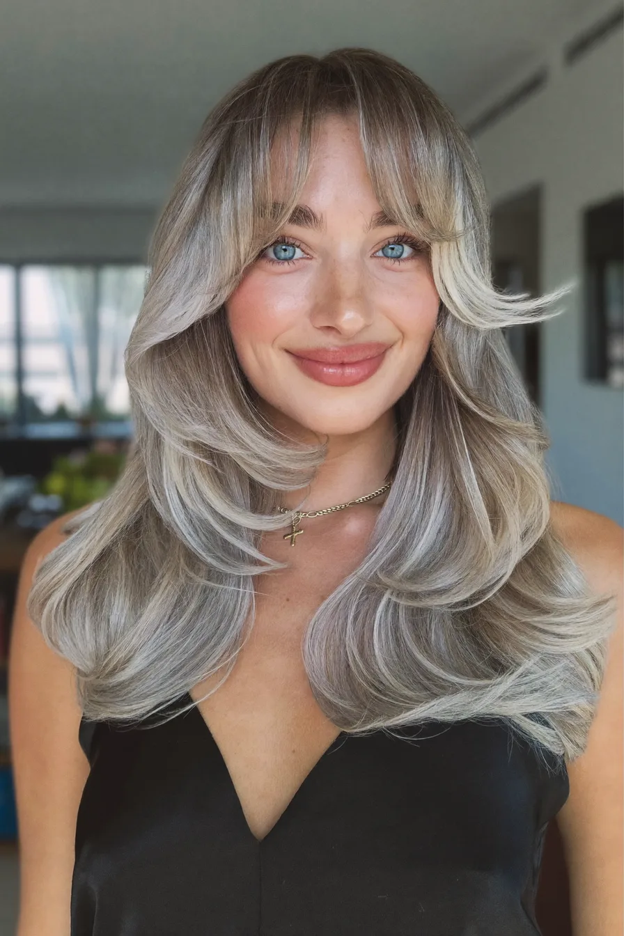 Face-Framing Ash Blonde Long Layered Cut with Flipped Ends