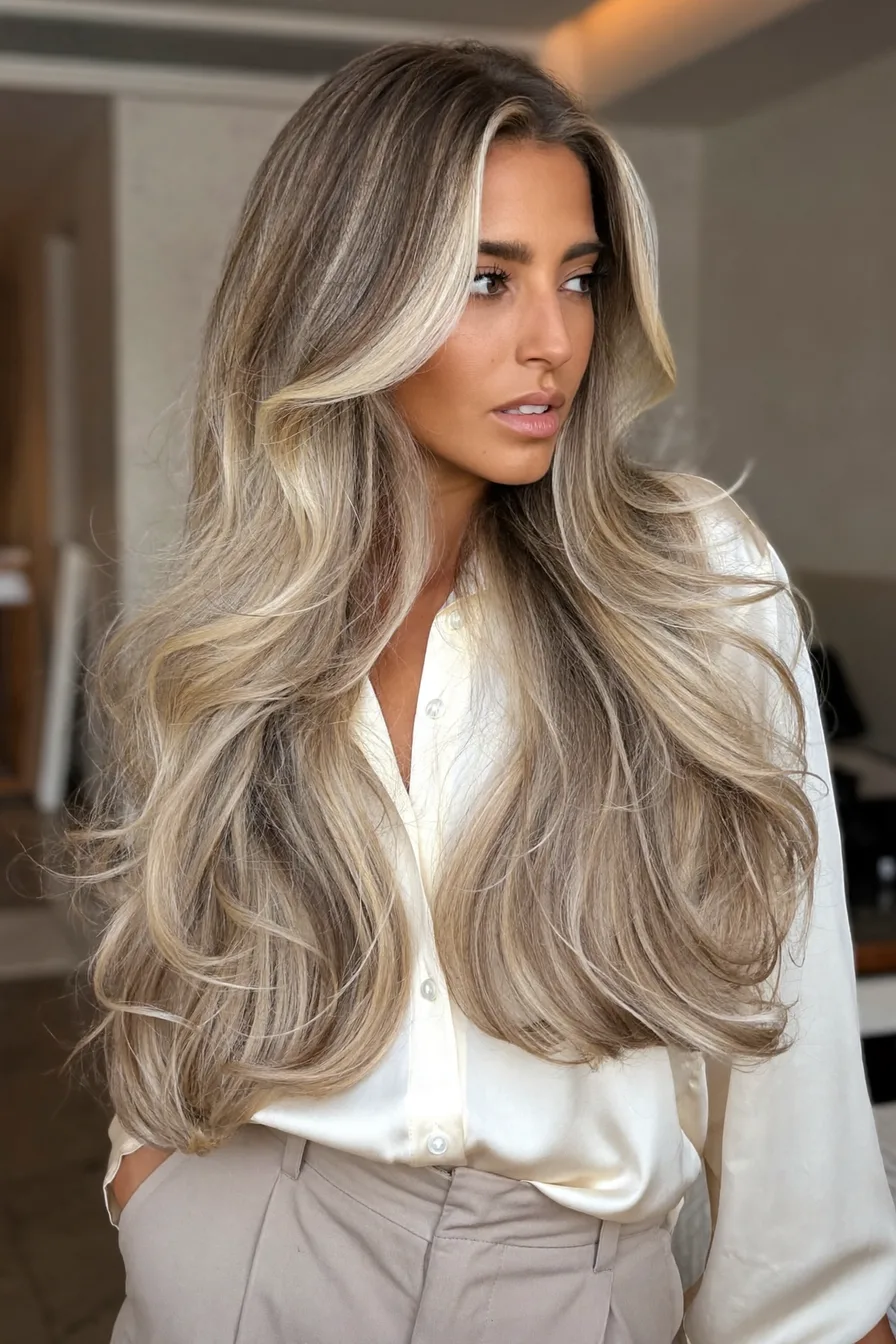 Soft Ash Blonde Long Layered Cut with Voluminous Waves